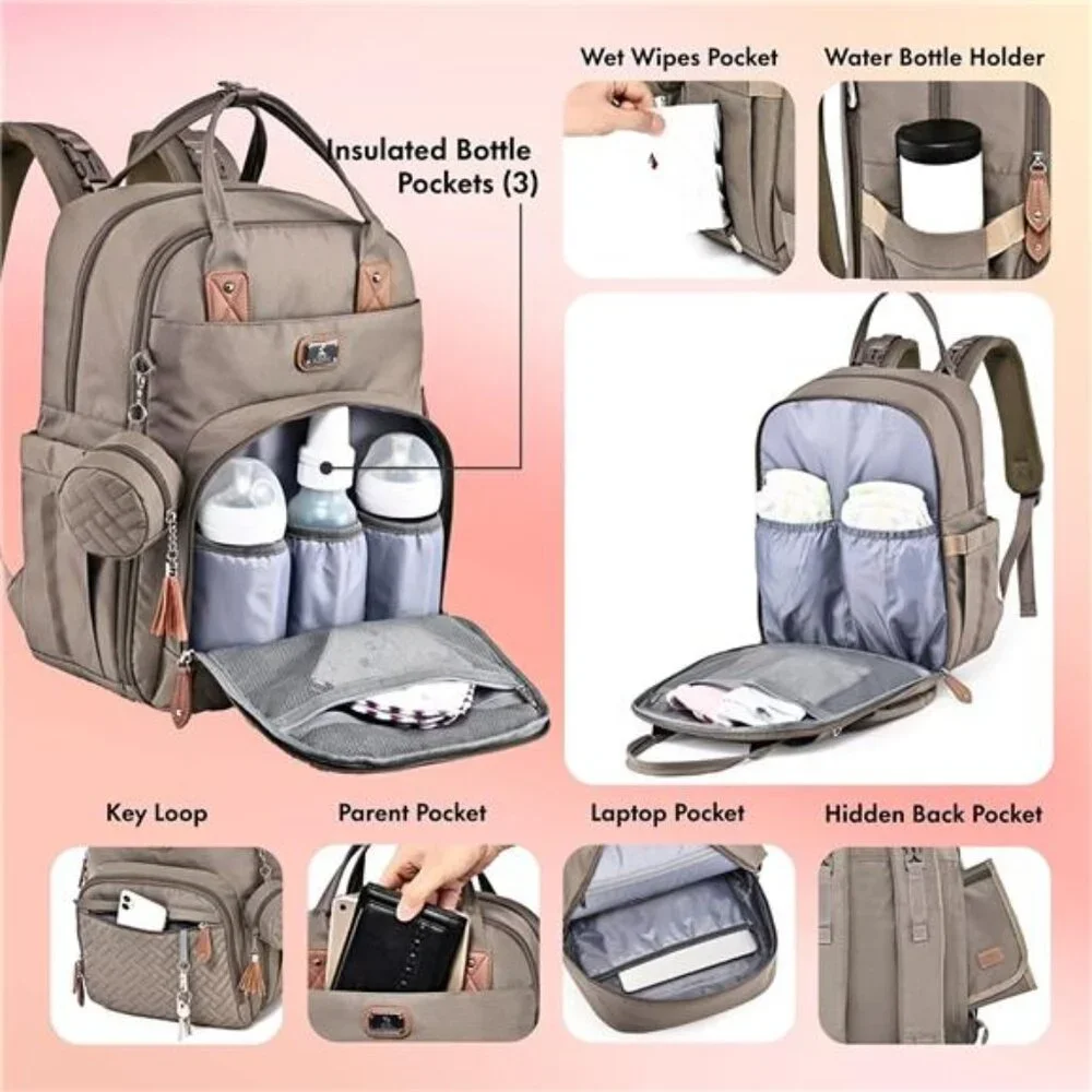Unisex Polyester Diaper Backpack Daypack with Portable Changing Pad, Khaki